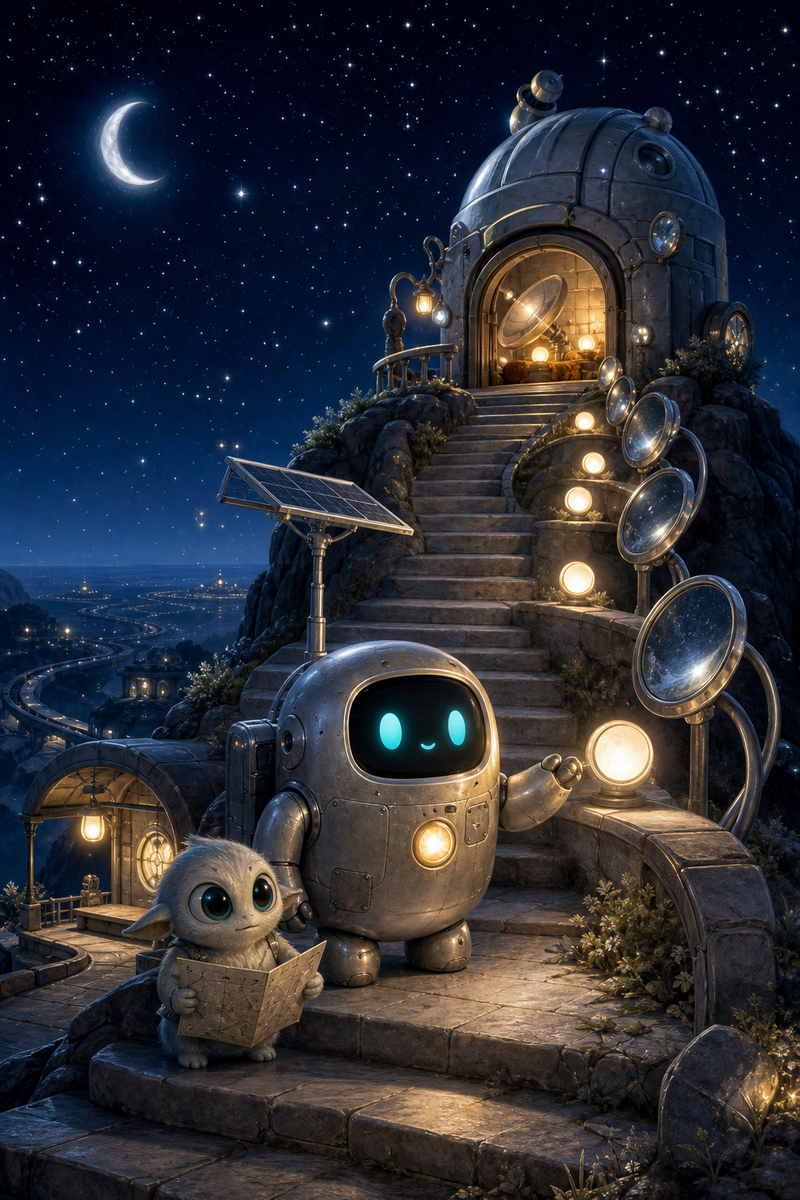 Lumi, a small fully mechanical helper robot with a rounded silver body, patched repairs, a rounded rectangular black face screen, filled-in cyan-turquoise eyes, a tiny expressive mouth, a soft golden chest light, a compact backpack power unit, and a practical telescoping solar mast, standing with Ori on silver moonlit steps on Noctis Lantern beside tilted moon mirrors, warm answer lamps, and a cozy observatory dome
