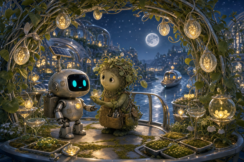 Lumi, a small fully mechanical helper robot with a rounded silver body, patched repairs, a black rounded-rectangle face screen, filled-in cyan-turquoise eyes, a tiny expressive mouth, a soft golden chest light, a compact backpack power unit, and a practical telescoping solar mast, standing with Bramble beneath Verdelle's glowing Moonseed Arbor above a cozy ferry porch, surrounded by silver-green vines, glass seed pods, soft pollinator lanterns, dew cups, and a distant night ferry under early stars