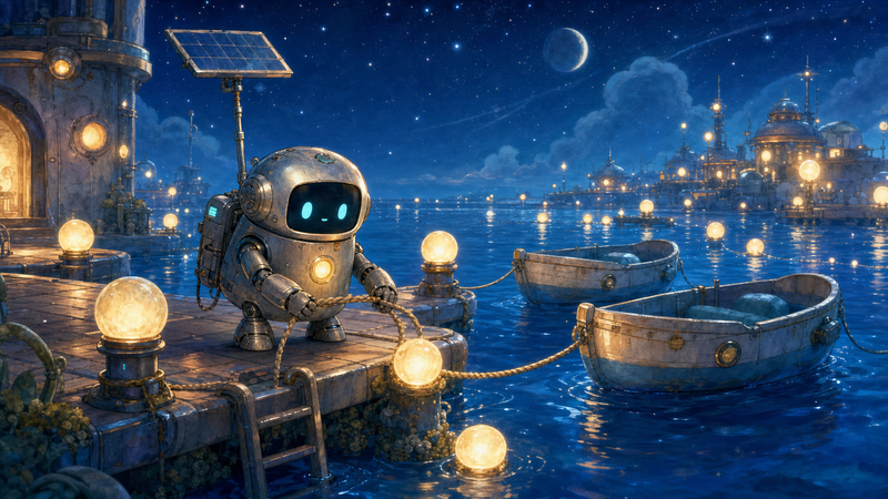 Lumi, a small fully mechanical silver helper robot with a black rounded-rectangle face screen, filled-in turquoise eyes, a soft golden chest light, compact backpack, short stumpy legs, and a practical solar mast, carefully tending a glowing pearl buoy beside a cozy floating dock on Bluewake
