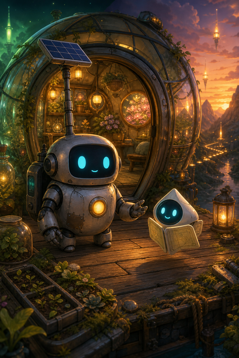 Lumi, a small fully mechanical helper robot with a rounded silver body, patched repairs, a black rounded-rectangle face screen, filled-in cyan-turquoise eyes, a tiny expressive mouth, a soft golden chest light, a compact backpack power unit, and a practical telescoping solar mast, standing with Ori inside a cozy glass Ringway station filled with glowing bloom windows, seed trays, warm lanterns, and a small dock overlooking green Verdelle light and amber Cindervale sky