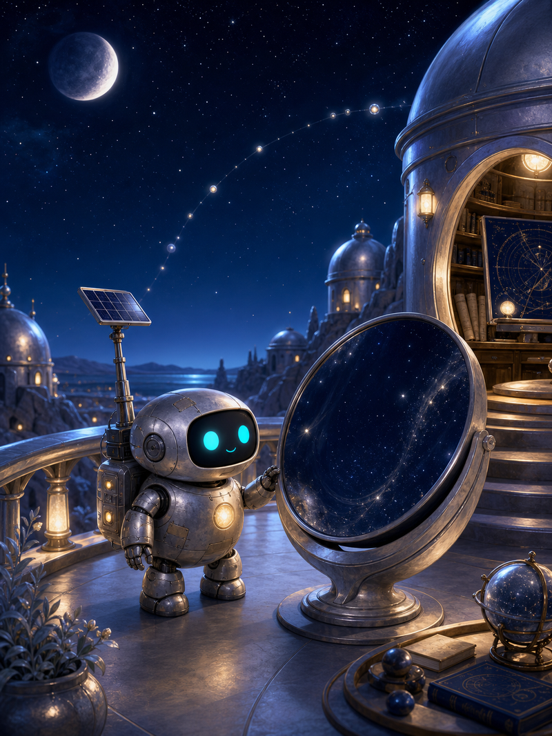 Lumi, a small fully mechanical helper robot with a rounded silver body, patched repairs, a black rounded-rectangle face screen, filled-in cyan-turquoise eyes, a tiny expressive mouth, a soft golden chest light, a compact backpack power unit, and a practical telescoping solar mast, standing beside a silver listening mirror on Noctis Lantern with warm observatory lights, star charts, and a calm velvet sky