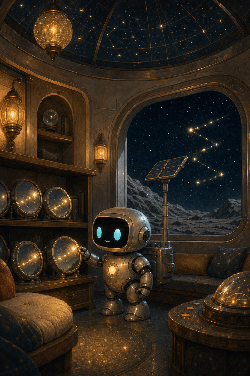 Lumi, a small fully mechanical helper robot with a rounded silver body, black rounded-rectangle face screen, filled-in cyan-turquoise eyes, a tiny expressive mouth, a soft chest light, a compact backpack power unit, and a telescoping solar mast, standing beside a shelf of softly glowing moon mirrors in a cozy observatory hall on Noctis Lantern with warm lamps, silver domes, starry windows, and gentle route lights