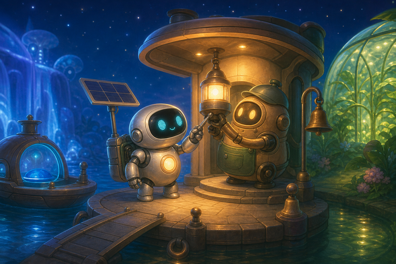 Lumi and a small station keeper robot at a cozy Ringway Station with a warm beacon lantern, a blue ferry lane, and a green garden dome glowing under soft evening stars