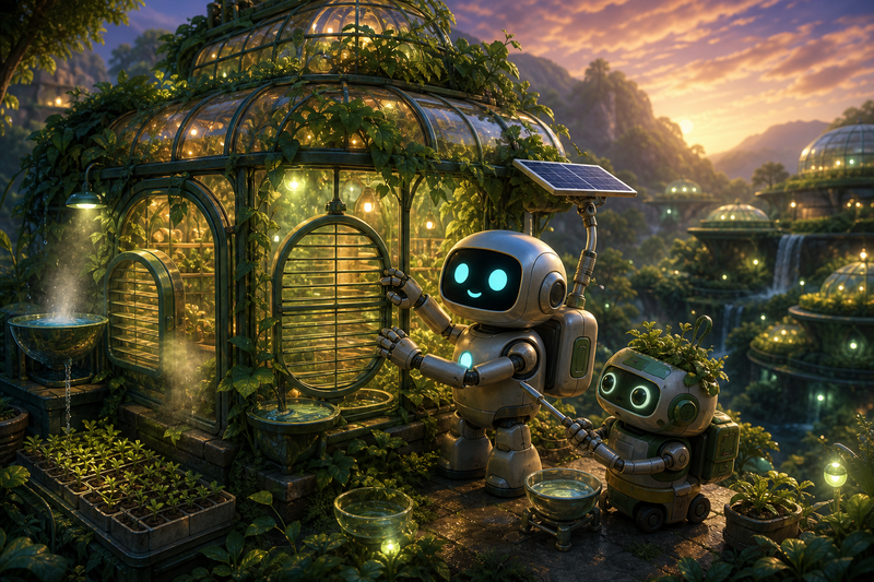 Lumi the small silver helper robot with cyan eyes, a soft chest light, a compact backpack power unit, and a telescoping solar mast beside Bramble in a glowing glass weather house on Verdelle, with vines, seed trays, mist shutters, and warm green lamps