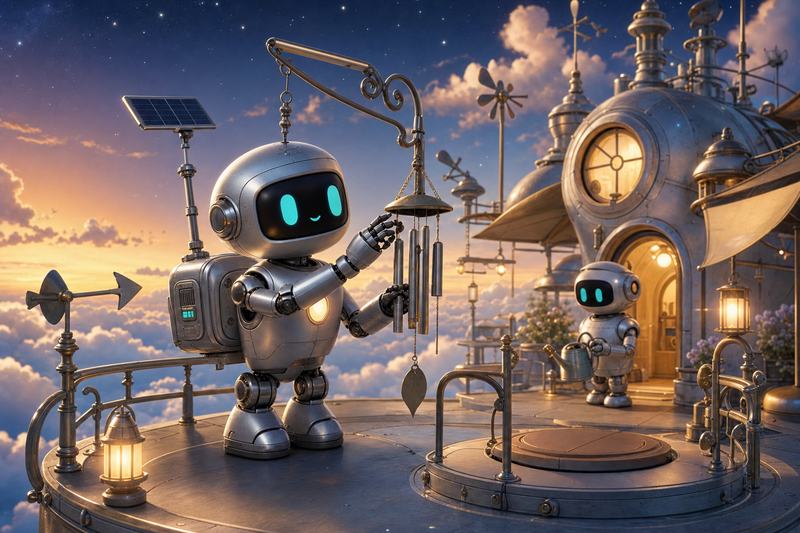 Lumi beside a cozy cloud relay station on Cirrus Crown, gently tuning a wind chime near a lift platform while warm lanterns glow through mist and soft stars appear