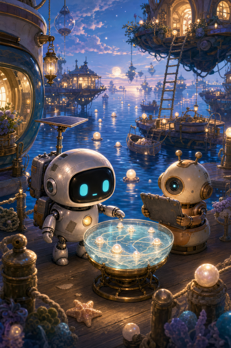Lumi, a small fully mechanical helper robot with a rounded silver body, patched repairs, a black rounded-rectangle face screen, filled-in cyan-turquoise eyes, a tiny expressive mouth, a soft golden chest light, a compact backpack power unit, and a practical telescoping solar mast, standing with Ori beside a glowing pearl buoy map on a cozy floating Bluewake harbor with lantern rails, tide ladders, silver-blue water roads, and warm evening light