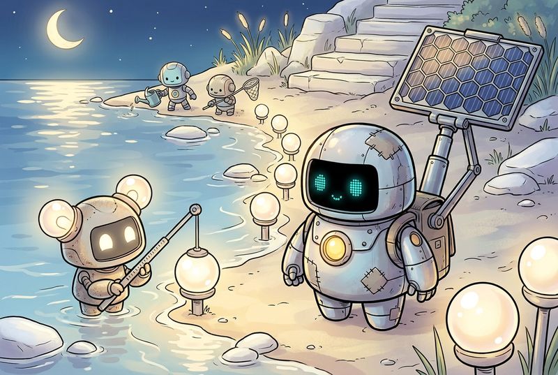 Lumi and his robot friends on a moonlit crescent shore with glowing pearl-white tide lights and a gentle shoreline robot beside the water
