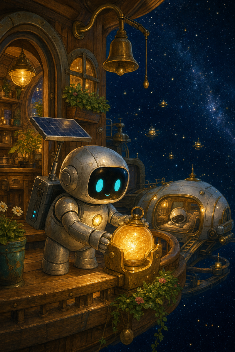 Lumi, a small fully mechanical silver helper robot with a rounded black face screen, filled-in turquoise eyes, tiny mouth, soft golden chest light, compact backpack power unit, short stumpy legs, and practical telescoping solar mast, gently placing a glowing round brass pocket-sun lantern into a cozy porch cradle at Hearthmere