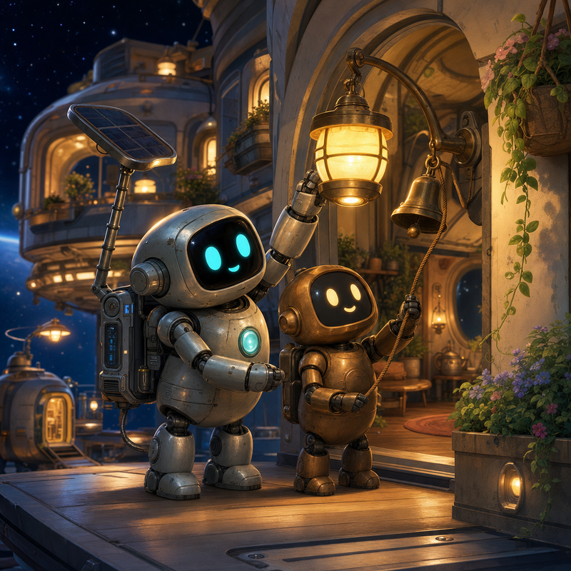 Lumi beside a warm orbital return porch at Hearthmere, with a small keeper robot, glowing route bells, window gardens, and soft lantern light in a cozy space station
