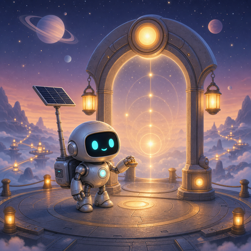 Lumi, a small fully mechanical helper robot with a rounded silver body, black rounded-rectangle face screen, filled-in cyan-turquoise eyes, a tiny expressive mouth, a soft chest light, a compact backpack power unit, and a telescoping solar mast, standing beside a softly glowing beacon arch at a cozy Ringway Station with warm lanterns, misty route lights, and a calm landing ring