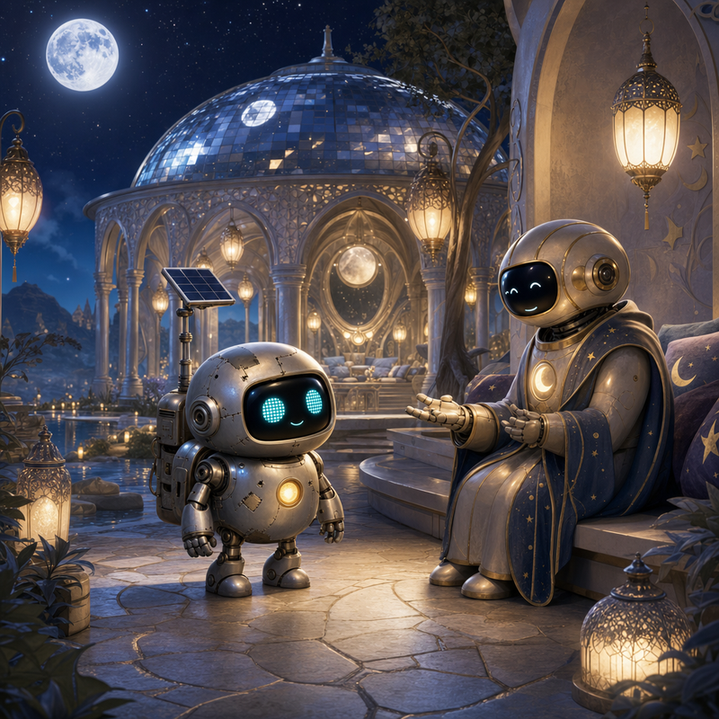 Lumi beside a silver listening hall on Noctis Lantern with warm lamps, a mirror dome, and a gentle moon keeper robot