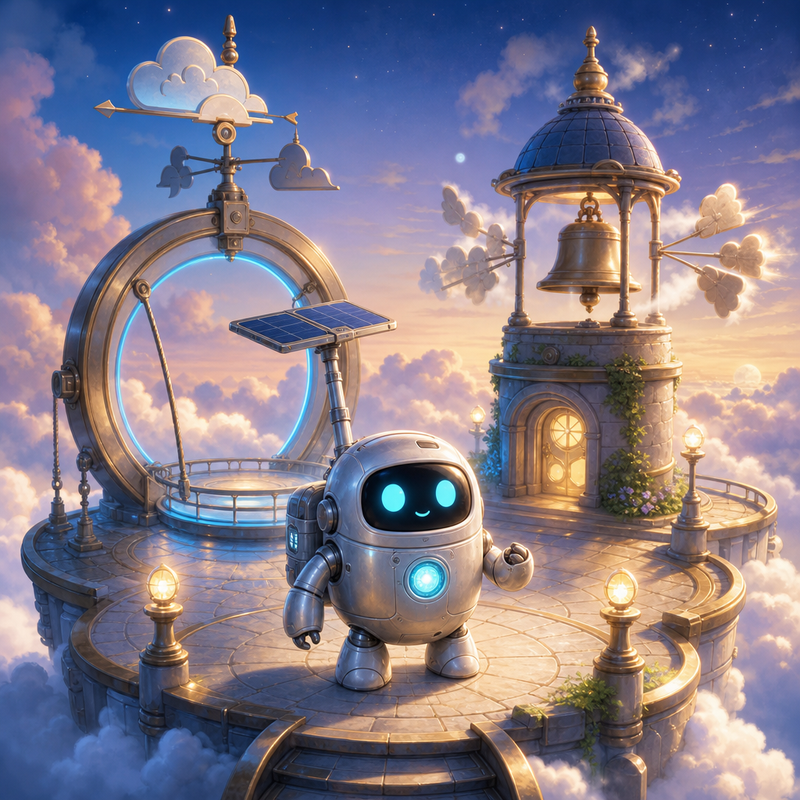 Lumi, the small fully mechanical helper robot with a rounded silver body, black rounded-rectangle face screen, filled-in cyan eyes, a tiny expressive mouth, a soft chest light, a compact backpack power unit, and a telescoping solar mast, standing on a cloud-station platform beside a gentle lift ring and soft blue path lamps