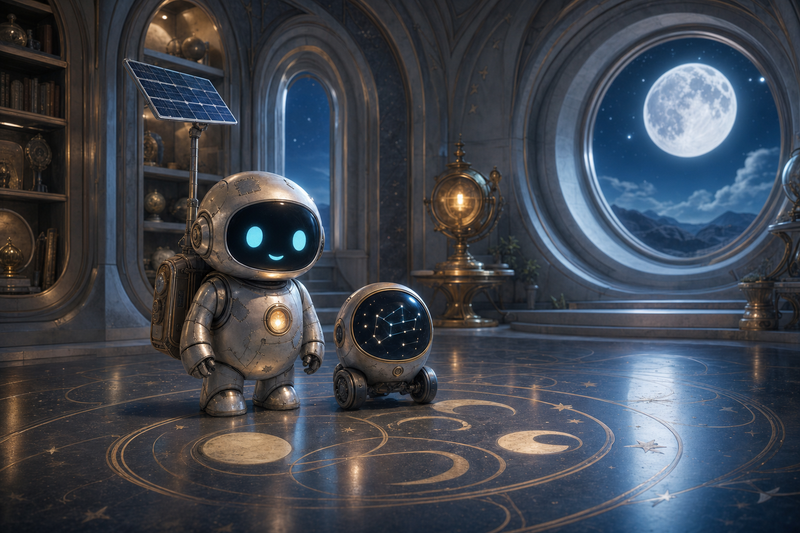 Lumi and Ori in a silver observatory hall on Noctis Lantern with moon mirrors, warm lamps, and starry windows glowing softly