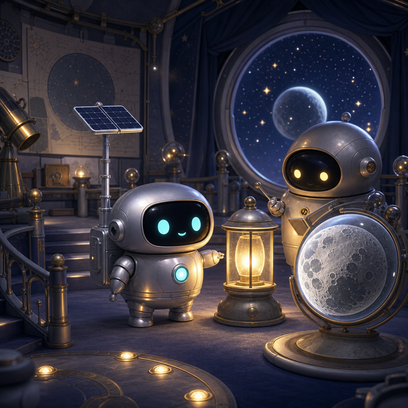 Lumi, the small fully mechanical helper robot with a rounded silver body, black rounded-rectangle face screen, filled-in cyan eyes, a tiny expressive mouth, a soft chest light, a compact backpack power unit, and a telescoping solar mast, standing beside a warm reply lamp in a cozy observatory hall on Noctis Lantern