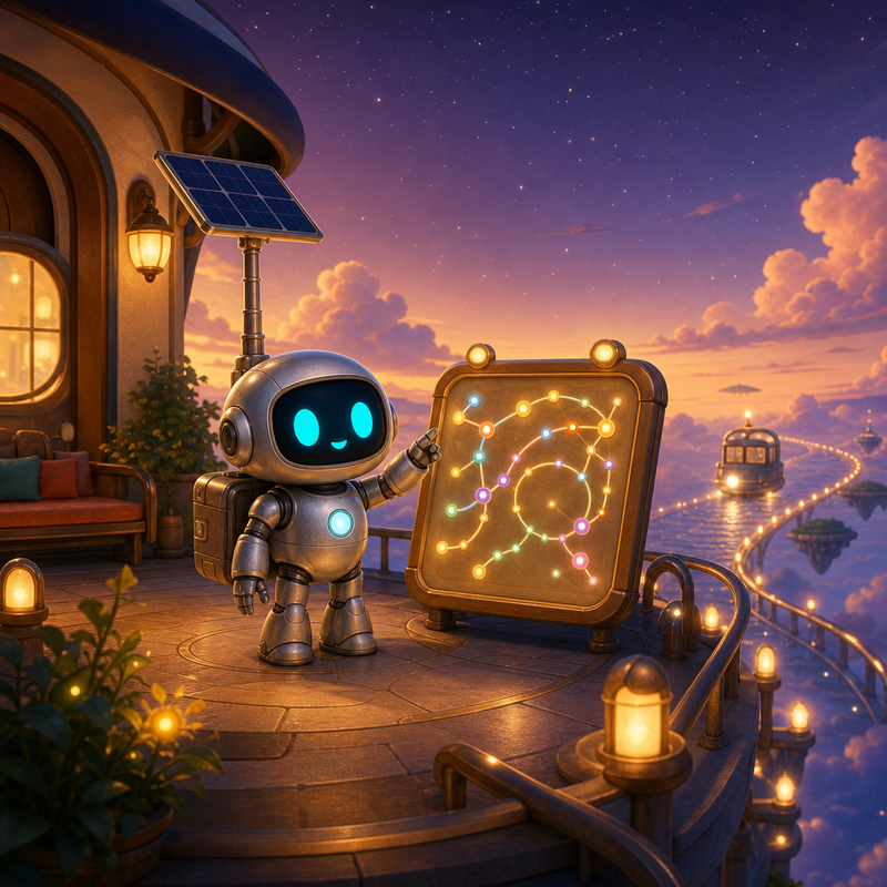 Lumi, a small fully mechanical helper robot with a rounded silver body, black rounded-rectangle face screen, filled-in cyan eyes, a tiny expressive mouth, a soft chest light, a compact backpack power unit, and a telescoping solar mast, standing beside a glowing route board at a cozy Ringway Station with little lamps, curved rails, and a distant ferry light in the dark