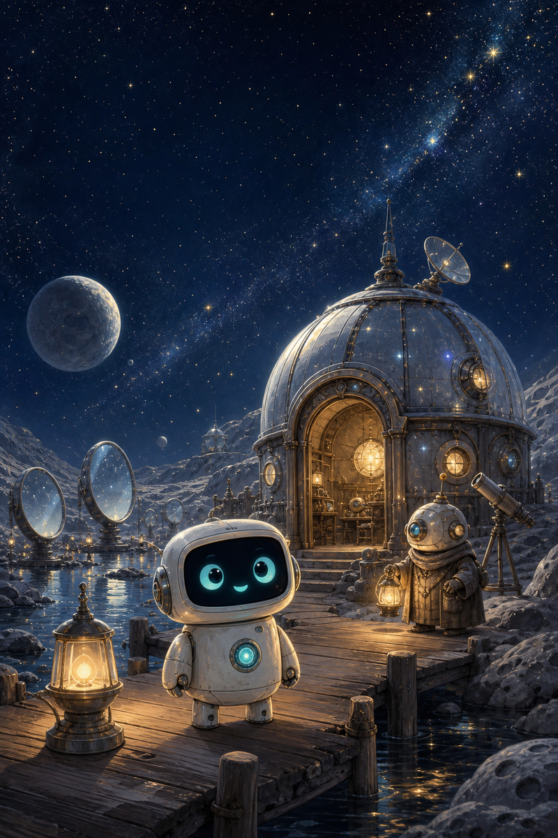 Lumi standing on short stumpy legs with a small observatory keeper robot inside a silver listening dome on Noctis Lantern, with warm lamps, moon mirrors, and a gentle answer-lamp glowing softly