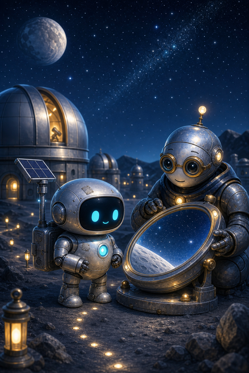 Lumi, a small fully mechanical helper robot with a rounded silver body, black rounded-rectangle face screen, filled-in cyan eyes, a tiny expressive mouth, a soft chest light, a compact backpack power unit, and a telescoping solar mast beside a glowing observatory mirror on Noctis Lantern, with a quiet keeper robot, silver domes, warm windows, and soft route lights under a starry sky