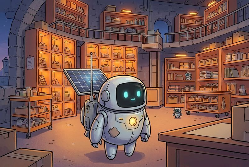 Lumi and friendly harbor robots inside a warm stone storehouse with amber cubby lights, careful shelves, and a gentle lift cradle at dusk