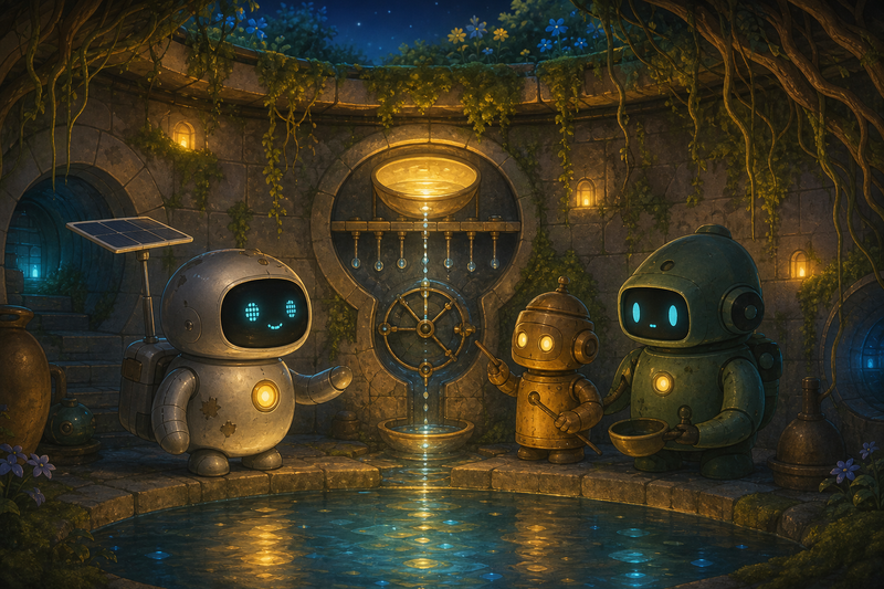 Lumi and two friendly robots beside a glowing water clock in a hidden cistern room under the terrace