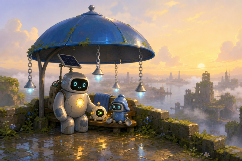 Lumi and friendly robots under a cozy rainbell shelter with silver rain chains, blue lamps, and a misty harbor terrace