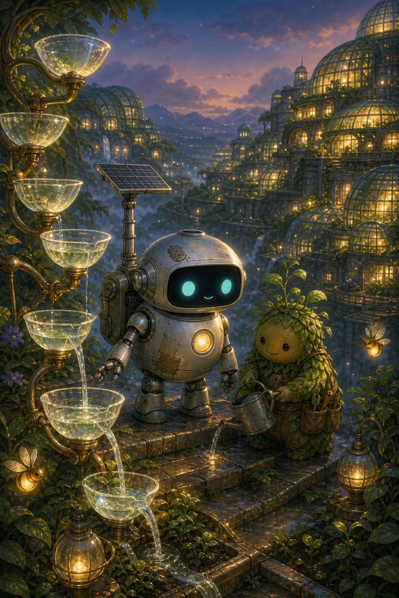 Lumi, a small fully mechanical helper robot with a rounded silver body, patched repairs, a rounded rectangular black face screen, filled-in cyan-turquoise eyes, a tiny expressive mouth, a soft golden chest light, a compact backpack power unit, and a practical telescoping solar mast, standing beside Bramble on a cozy stepped raincup terrace on Verdelle with glowing glass cups, seed beds, vines, warm lanterns, and gentle evening rain