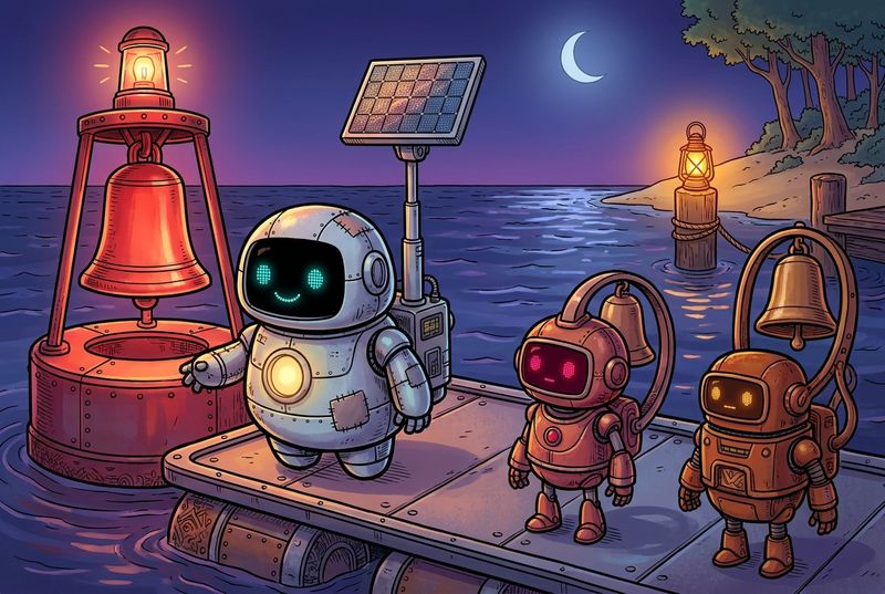 Lumi on a small service float beside a glowing red harbor bell with friendly harbor robots and a warm amber lantern shining in the distance