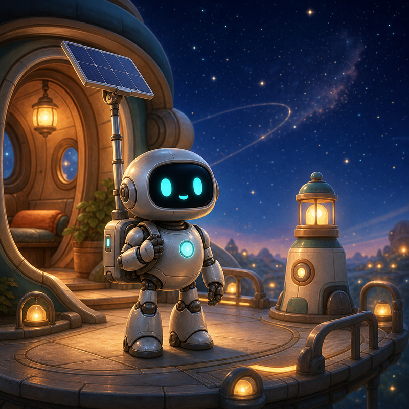 Lumi, a small fully mechanical helper robot with a rounded silver body, black rounded-rectangle face screen, filled-in cyan eyes, a tiny expressive mouth, a soft chest light, a compact backpack power unit, and a telescoping solar mast, standing at a cozy Ringway waystation beside a warm lantern post, curved docking railings, and soft starry sky