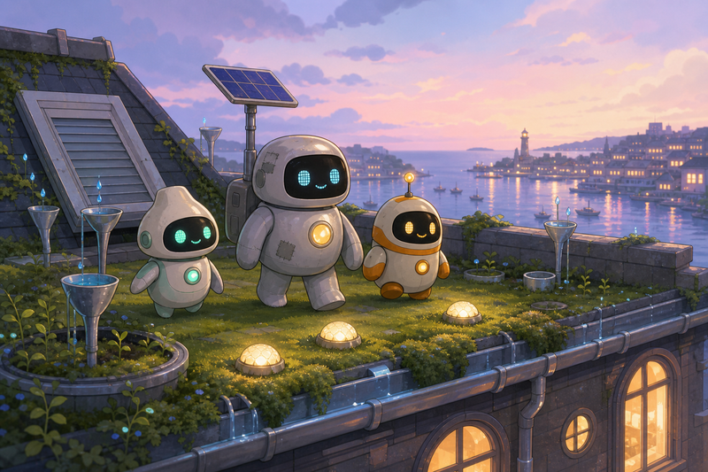 Lumi and friendly harbor robots in a cozy rooftop rain garden with soft green sprouts, rain cups, and warm lights above the harbor