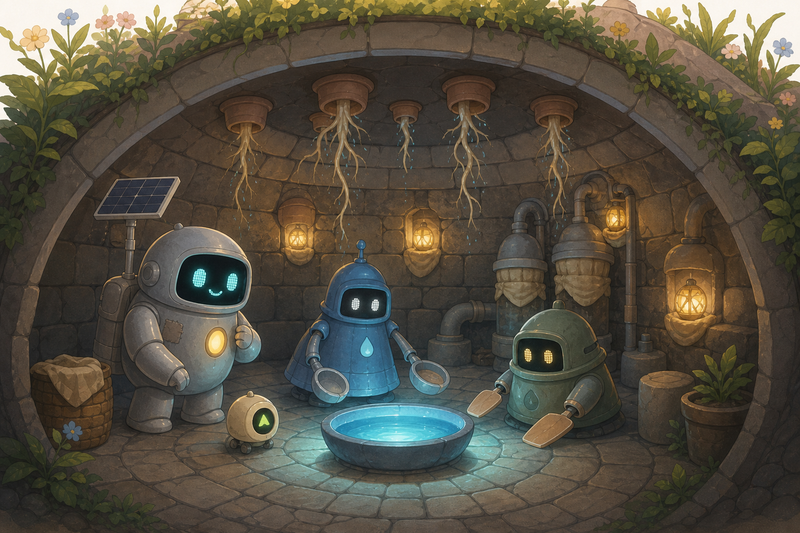 Lumi and friendly robots beside a glowing rootlight cistern under a high terrace garden