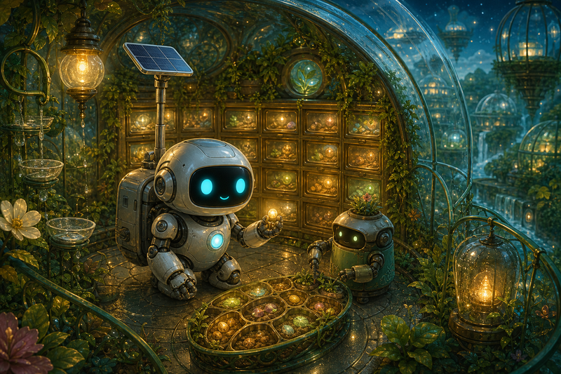 Lumi, a small fully mechanical helper robot with a rounded silver body, black rounded-rectangle face screen, filled-in cyan eyes, a tiny expressive mouth, a soft chest light, a compact backpack power unit, and a telescoping solar mast, standing in a warm glass seed vault on Verdelle beside glowing seed drawers, green trellis rails, rain-capture cups, and gentle lantern light