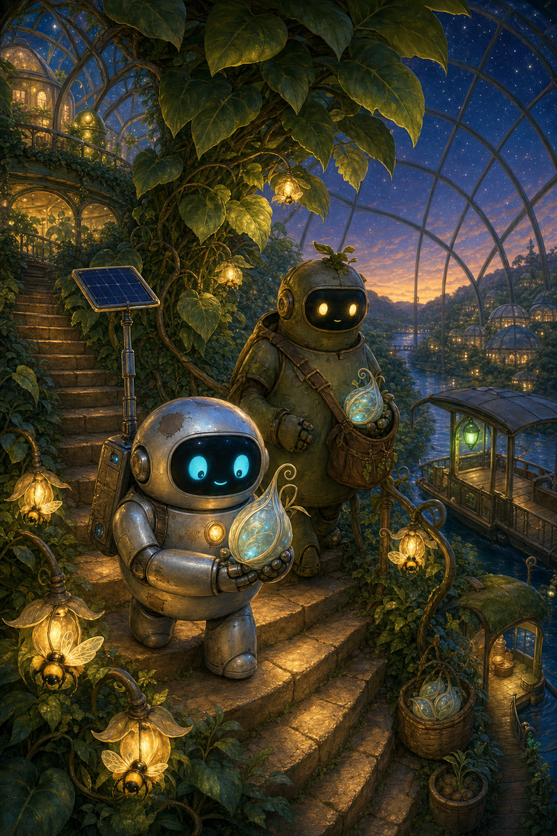Lumi, a small fully mechanical helper robot with a rounded silver body, patched repairs, a black rounded-rectangle face screen, filled-in cyan-turquoise eyes, a tiny expressive mouth, a soft golden chest light, a compact backpack power unit, and a practical telescoping solar mast, standing with Bramble on Verdelle's living Shadevine Steps beneath a glass evening sky, surrounded by broad green leaves, glowing pollinator lanterns, seed baskets, warm stone stairs, and a cozy ferry porch below