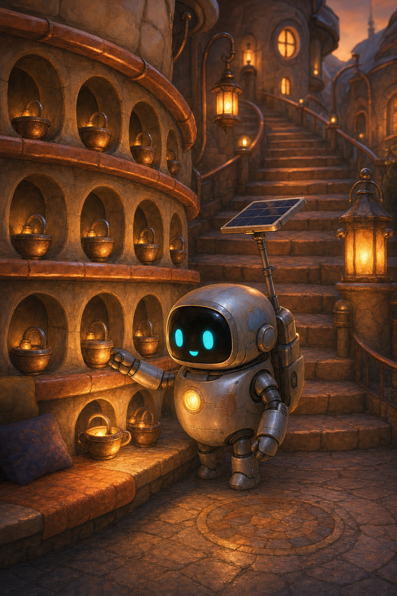 Lumi, a small fully mechanical helper robot with a rounded silver body, patched repairs, a black rounded-rectangle face screen, filled-in cyan-turquoise eyes, a tiny expressive mouth, a soft golden chest light, a compact backpack power unit, and a practical telescoping solar mast, standing beside a glowing ember shelf in a cozy Cindervale stair court with warm copper stone, lanterns, heat wells, ember cups, and amber evening light