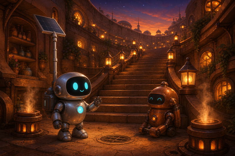 Lumi beside a warm copper stair court on Cindervale with glowing lantern rails, heat-well vents, and amber evening light