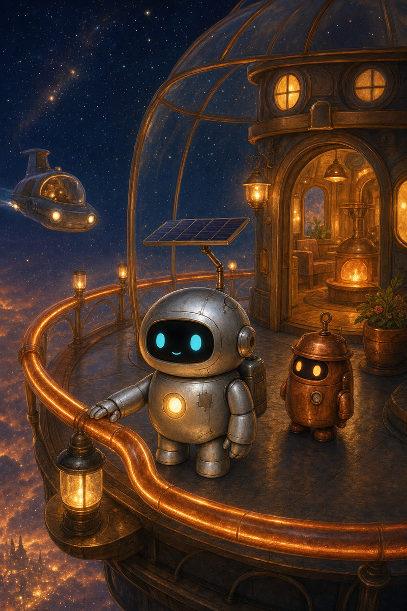 Lumi, a small fully mechanical helper robot with a rounded silver body, patched repairs, a black rounded-rectangle face screen, filled-in cyan-turquoise eyes, a tiny expressive mouth, a soft golden chest light, a compact backpack power unit, and a practical telescoping solar mast, standing on a cozy Ringway landing platform beside a glowing copper hearth rail, warm lantern windows, and an amber dusk sky