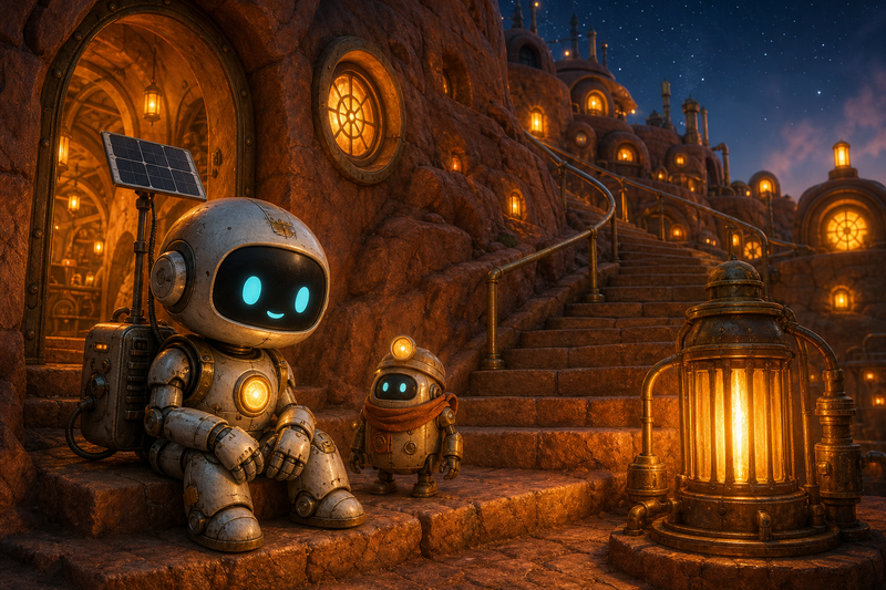Lumi and a small local keeper robot in an amber stair court built into a crater wall with glowing heat-well lamps, brass rails, and sheltered arches at dusk