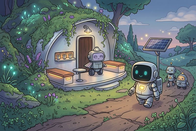 Lumi and his robot friends inside a cozy silver waystation with glowing path lights, warm benches, and one small silver lamp shining above them