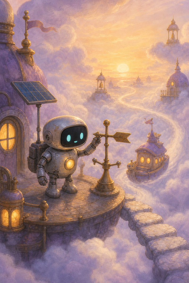 Lumi, a small fully mechanical silver helper robot with a black rounded-rectangle face screen, filled-in turquoise eyes, soft golden chest light, compact backpack, stumpy legs, and a practical solar mast, carefully steadying a brass wind vane on a glowing cloud-station porch in Cirrus Crown's lavender mist