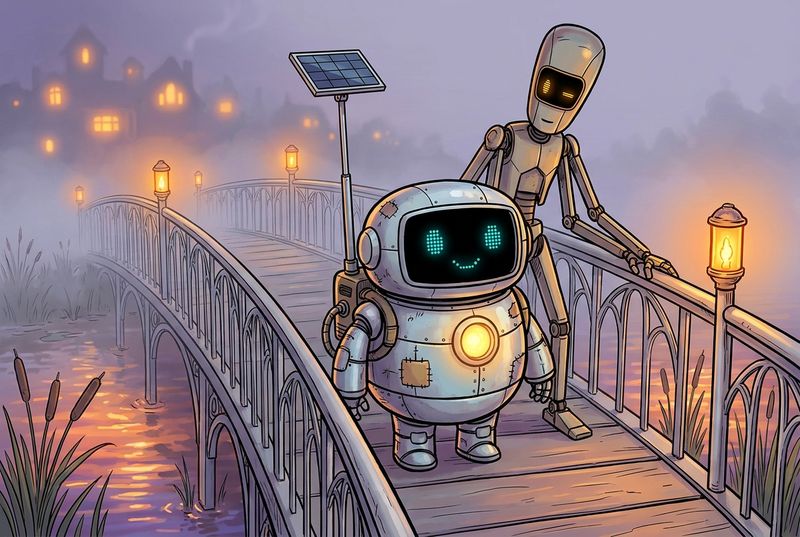 Lumi, Pip, Nook, and a gentle bridge-tender robot standing on a glowing silver bridge above reeds and water at sunset