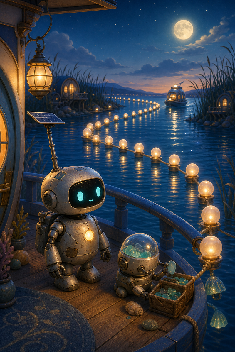 Lumi, a small fully mechanical helper robot with a rounded silver body, patched repairs, a black rounded-rectangle face screen, filled-in cyan-turquoise eyes, a tiny expressive mouth, a soft golden chest light, a compact backpack power unit, and a practical telescoping solar mast, standing beside a cozy Bluewake harbor porch with glowing pearl echo buoys curving over moonlit water, a little sea-glass keeper robot, and a soft silver ferry light beyond the bay