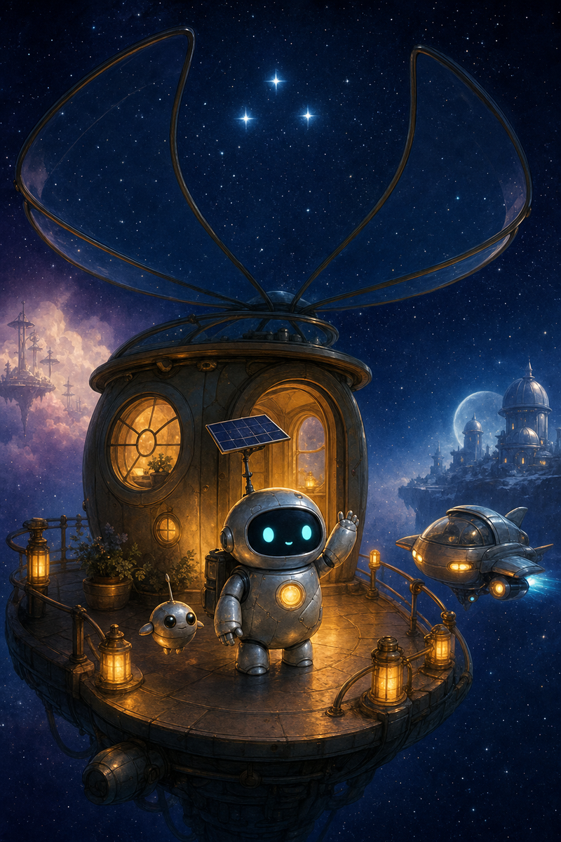 Lumi, a small fully mechanical helper robot with a rounded silver body, patched repairs, a black rounded-rectangle face screen, filled-in cyan eyes, a tiny expressive mouth, a soft golden chest light, a compact backpack power unit, and a practical telescoping solar mast, standing with Ori on a cozy Ringway porch between Cirrus Crown and Noctis Lantern, with low amber lanterns, a dark star window overhead, silver domes in the distance, and a soft night ferry approaching