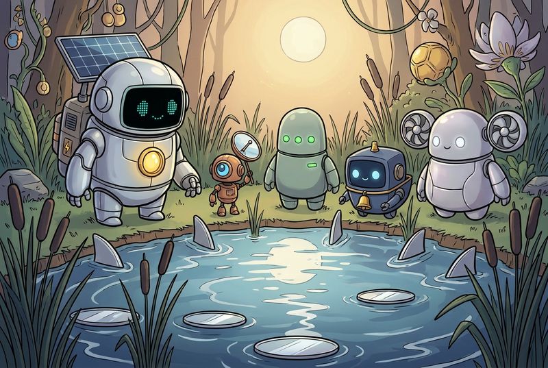 Lumi and his robot friends beside a round silver moon-mirror pool in the marsh as a soft pale reflection glows across the water at dusk