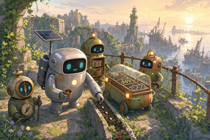 Lumi and friendly robots beside a small sunlit planting cart on a green terrace path with seed trays and warm lanterns