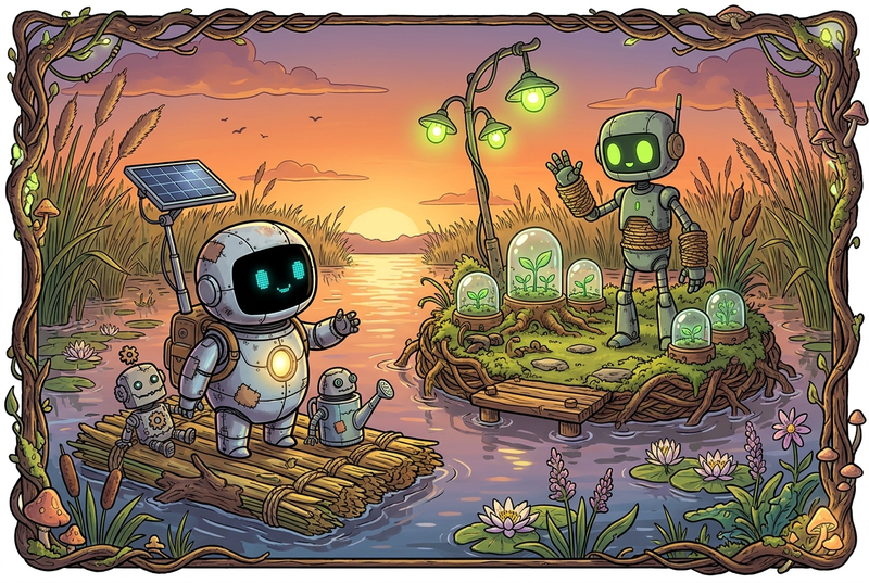 Lumi and his robot friends arriving at a glowing marsh island with three green guide lights and a gentle reed-tending robot at sunset
