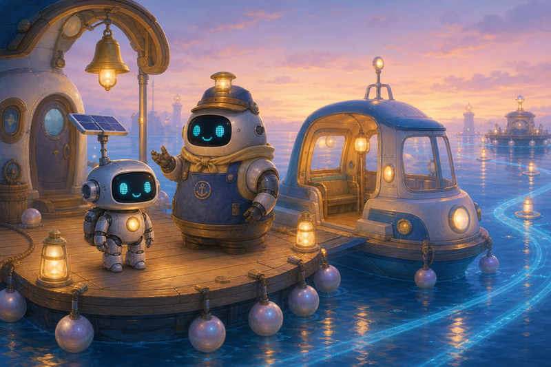Lumi on a cozy floating dock with a tide ferry, pearl buoys, warm lanterns, and soft blue water roads at dusk
