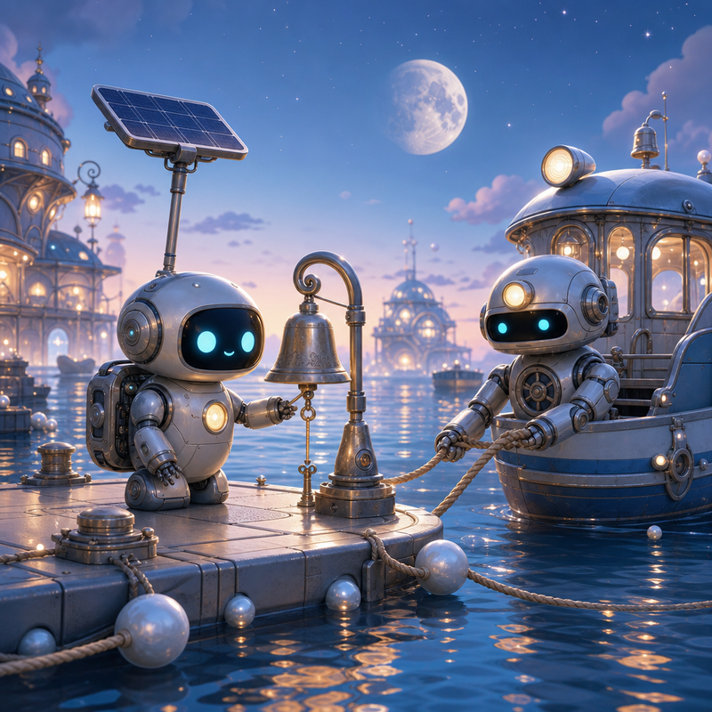 Lumi the small fully mechanical helper robot on a floating Bluewake dock beside a glowing tidebell, pearl buoys, lantern rails, and a gentle ferry skiff on blue moonlit water