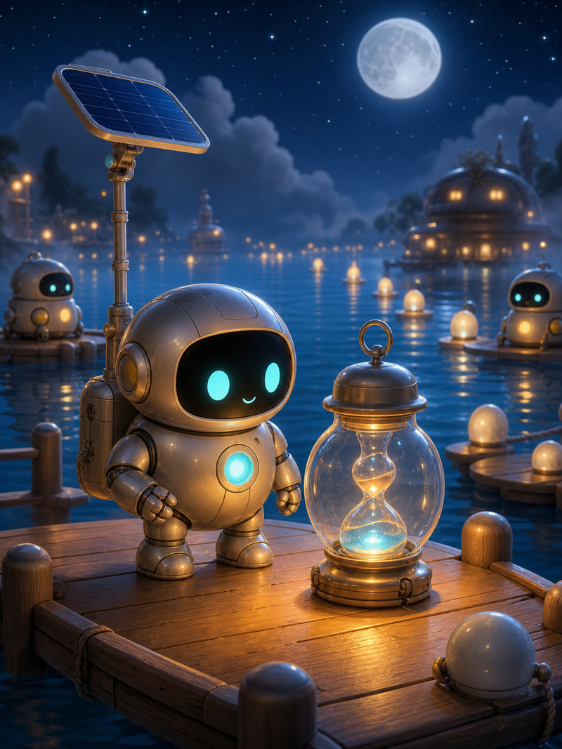 Lumi, a small fully mechanical helper robot with a rounded silver body, black rounded-rectangle face screen, filled-in cyan-turquoise eyes, a tiny expressive mouth, a soft chest light, a compact backpack power unit, and a telescoping solar mast, standing beside a softly glowing tideglass lantern on a cozy Bluewake floating dock with pearl buoys, moonlit water roads, and warm route lights
