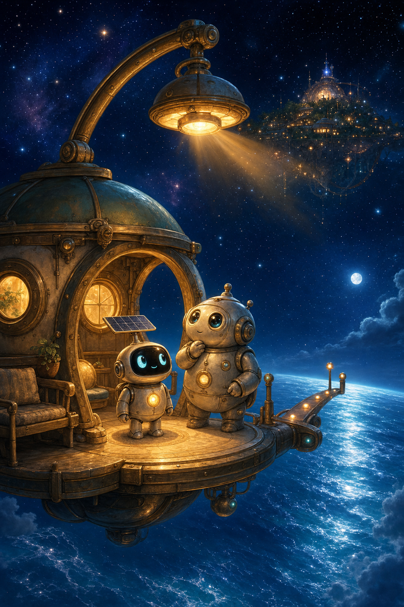 Lumi, a small fully mechanical helper robot with a rounded silver body, patched repairs, a black rounded-rectangle face screen, filled-in cyan eyes, a tiny expressive mouth, a soft golden chest light, a compact backpack power unit, and a practical telescoping solar mast, standing with a small pearl-toned station keeper robot on a cozy Ringway dock beneath a swiveling lantern light, with warm porthole windows, a restful landing porch, a glowing outbound lane, soft stars, and Bluewake shining below