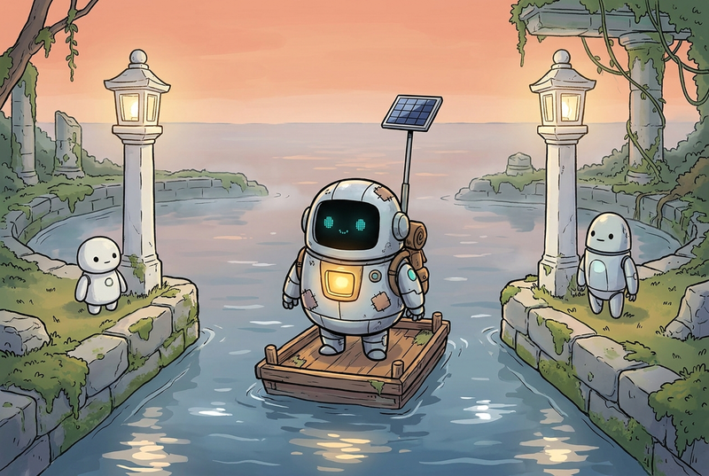Lumi and his harbor robot friends approaching two soft white bay lights guarded by two small keeper robots over calm dusk water