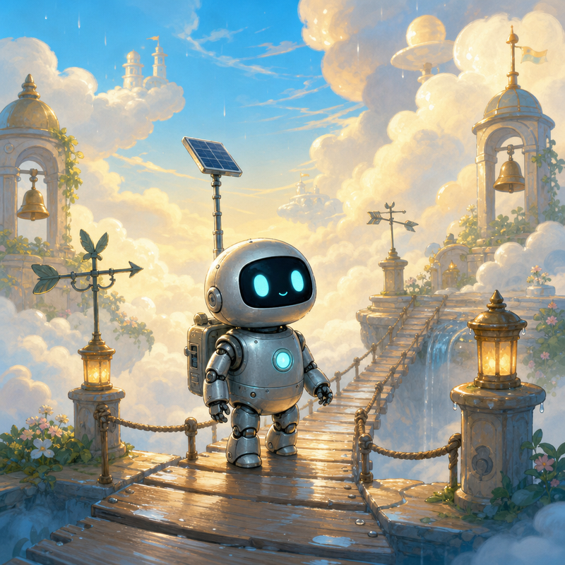Lumi, a small fully mechanical helper robot with a rounded silver body, black rounded-rectangle face screen, filled-in cyan eyes, a tiny expressive mouth, a soft chest light, a compact backpack power unit, and a telescoping solar mast standing on a cozy cloud bridge on Cirrus Crown beside warm lanterns, soft mist, and pale wind vanes