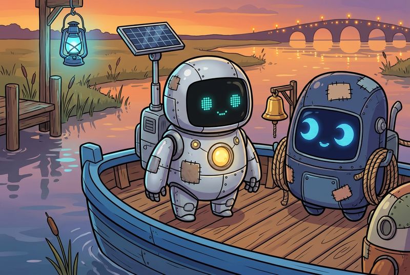 Lumi and his robot friends on a cozy blue ferry with a gentle ferry-keeper robot as soft lights glow across the water at sunset